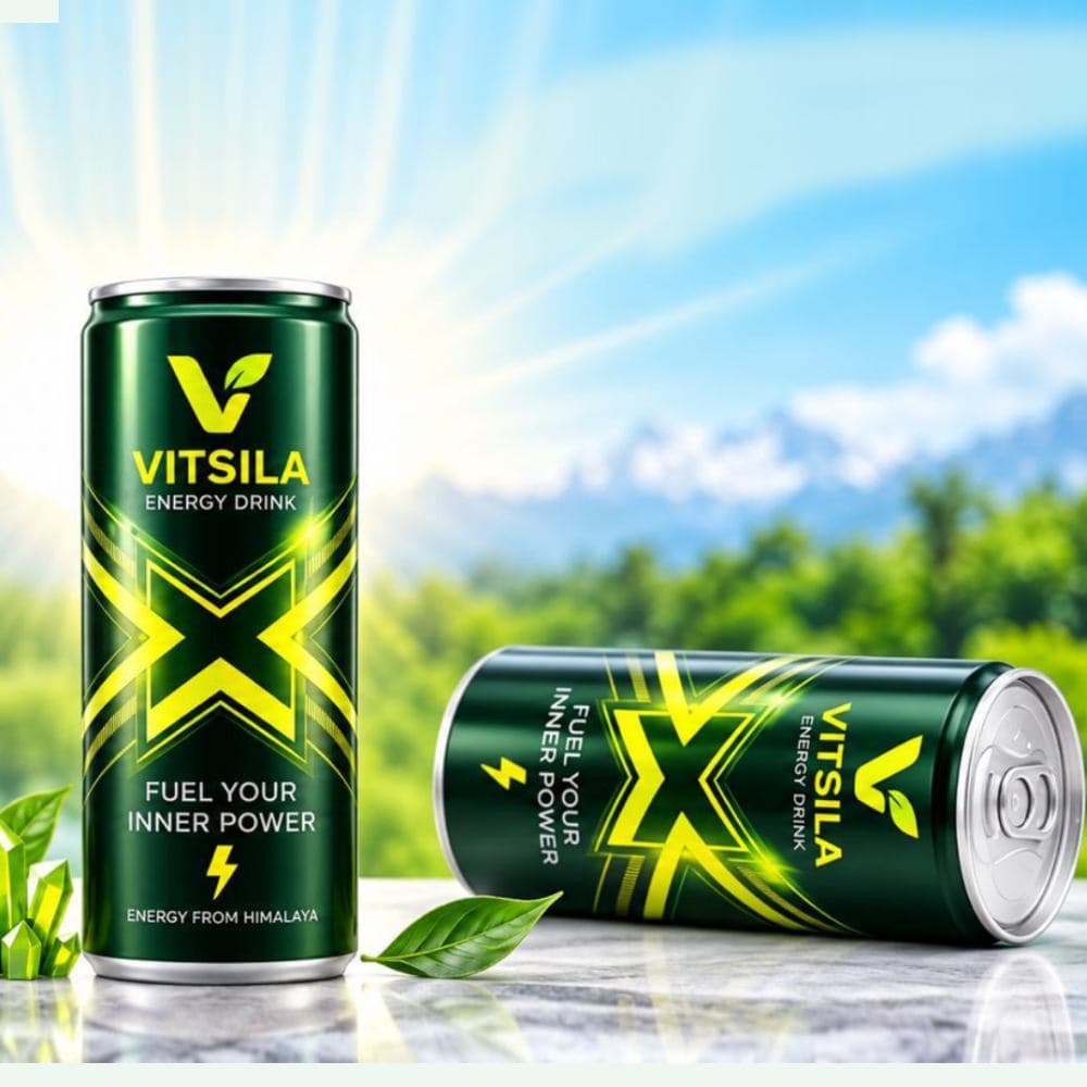 VITSILA Shilajit energy drink can on a clear light background