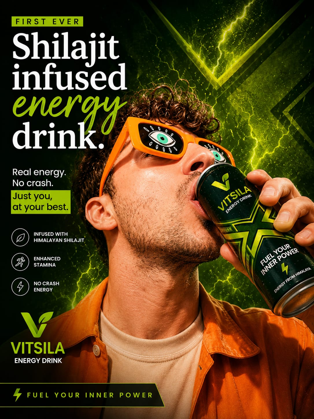 VITSILA energy drink campaign with orange sunglasses