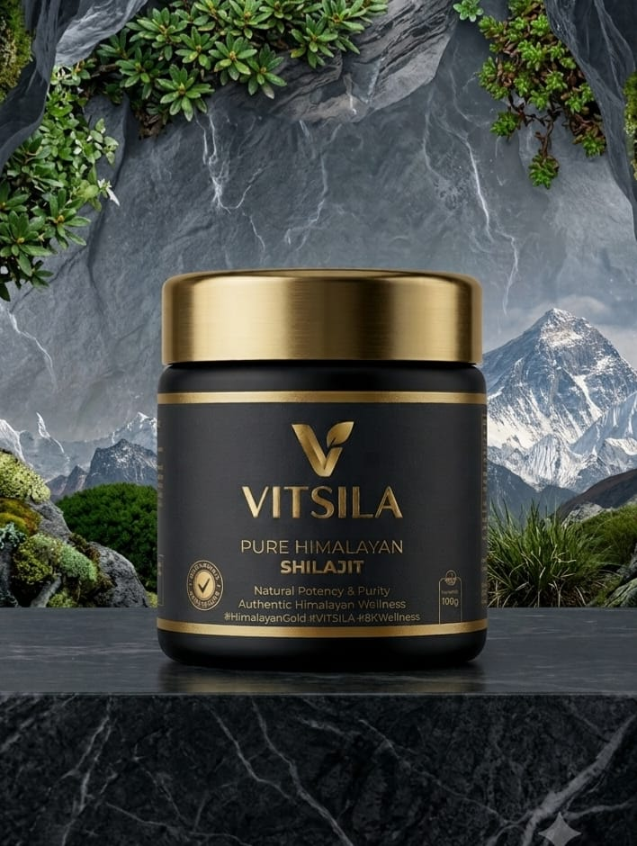 VITSILA Pure Himalayan Shilajit dark jar with mountain backdrop